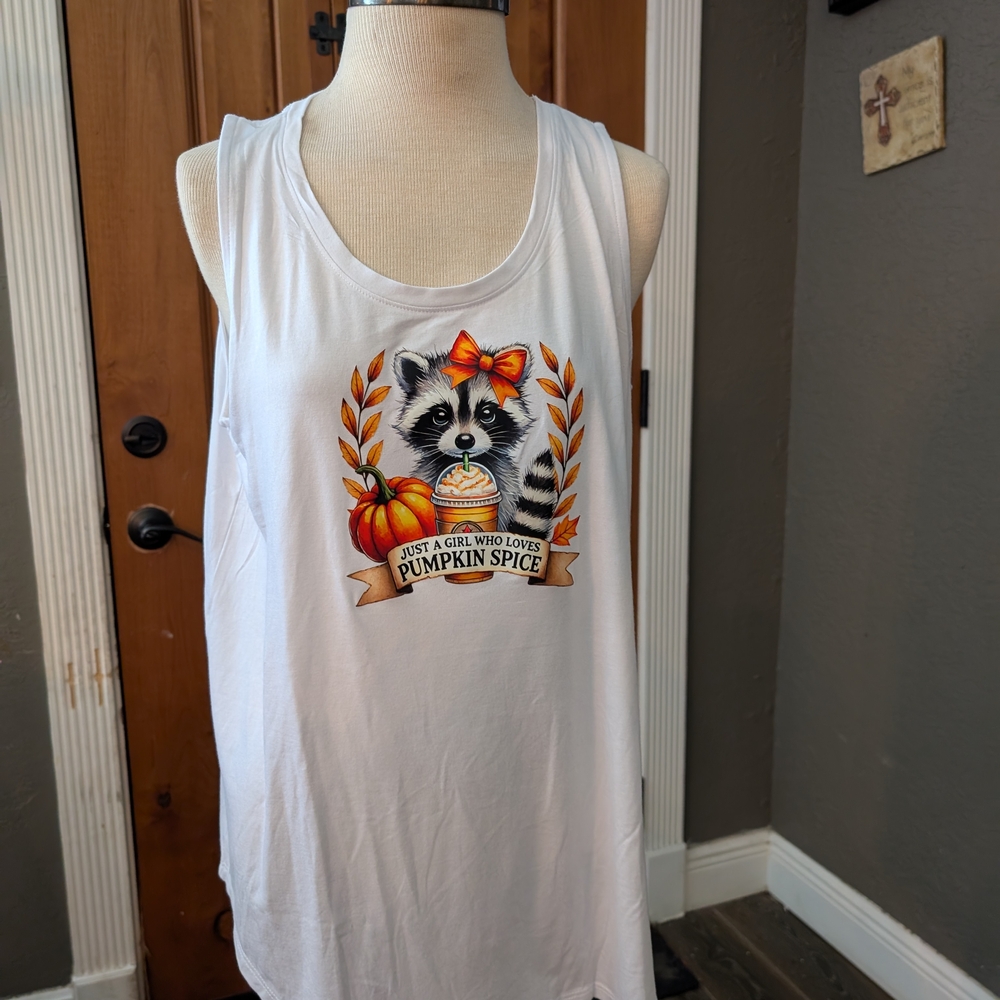 White Tank Top with Raccoon Pumpkin Spice Design